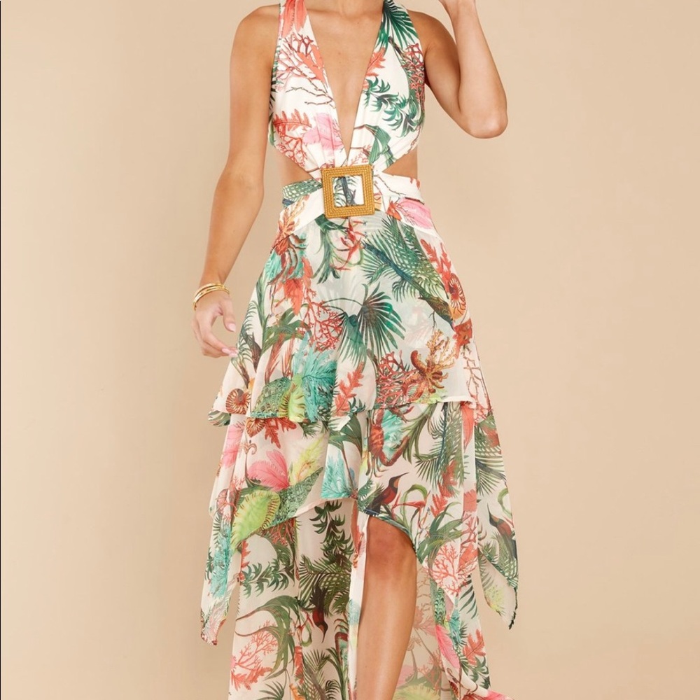 Luxxel ivory tropical print cutout maxi dress size S